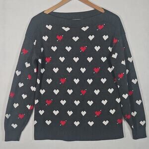 Loft Heart Sweater Womens XS Grey Red Pullover Boatneck Valentine's Day Knit